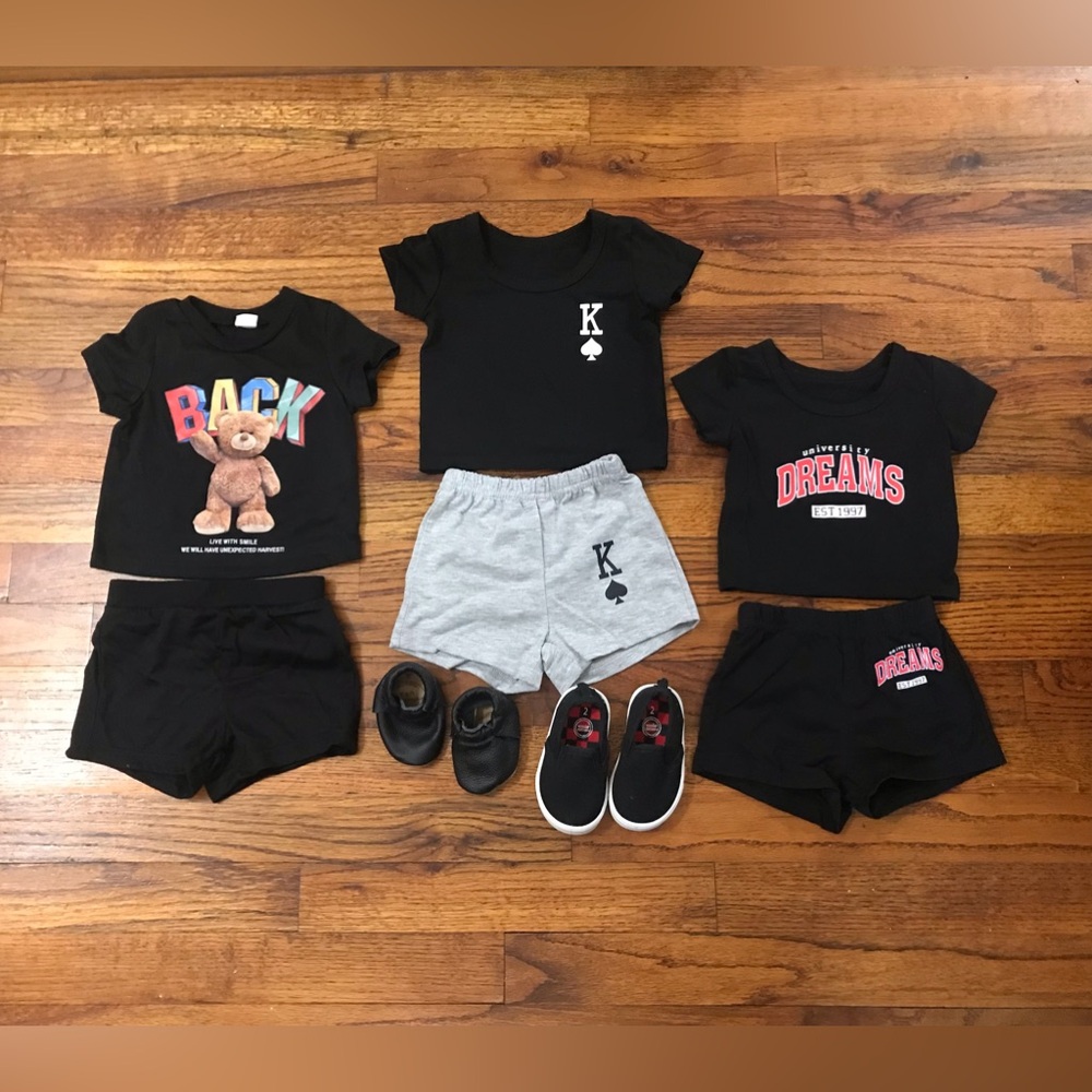 Baby Boys Clothes 8 Pc. Bundle
3 Sets of Shirt & Shorts Matching
Black Shoe Cute